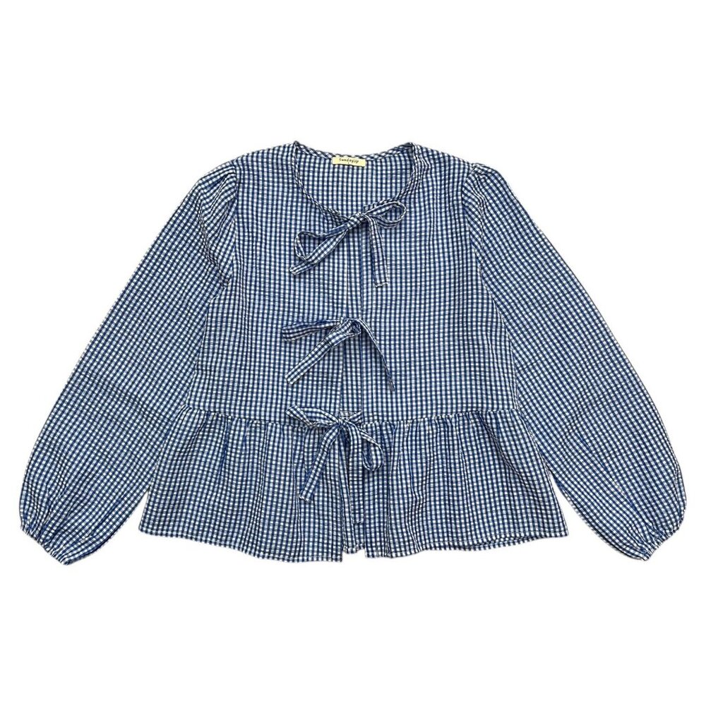 Gingham Tie Front Puff Sleeve Blouse Blue Size Small Cottagecore European Summer - Picture 3 of 10